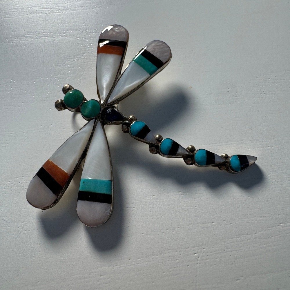 Vintage Southwestern Multi-Stone Inlay Dragonfly Brooch Pendant Turquoise Onyx